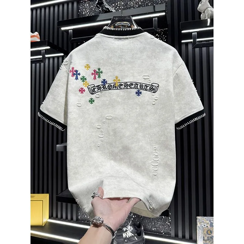 『M-3XL』新作 夏物 刺繍入り ダメージ加工 半袖メンズTシャツ