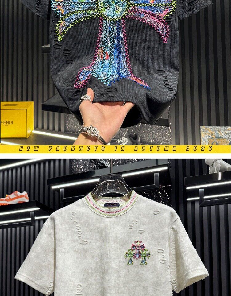『M-4XL』新作 夏物 刺繍入り ダメージ加工 半袖メンズTシャツ