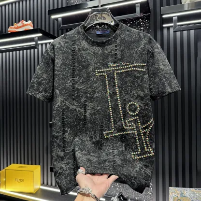 『M-3XL』メンズ高級刺繍入りクルーネック半袖Tシャツ