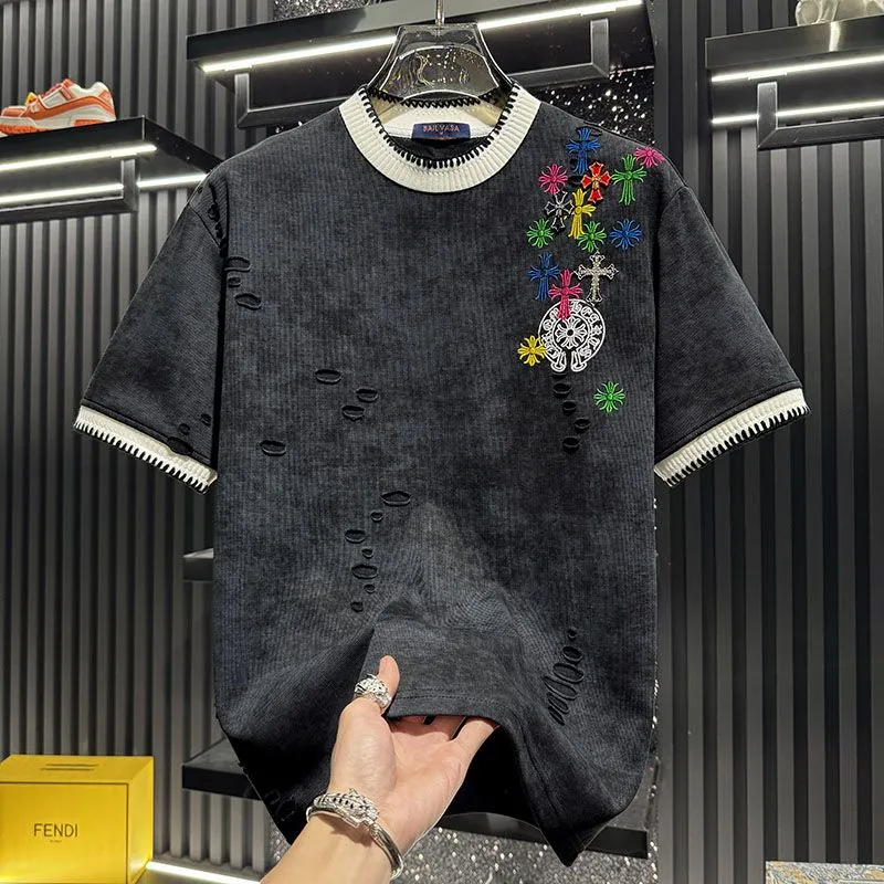 『M-3XL』新作 夏物 刺繍入り ダメージ加工 半袖メンズTシャツ