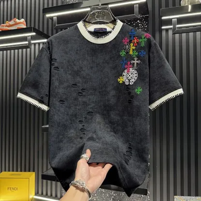 『M-3XL』新作 夏物 刺繍入り ダメージ加工 半袖メンズTシャツ