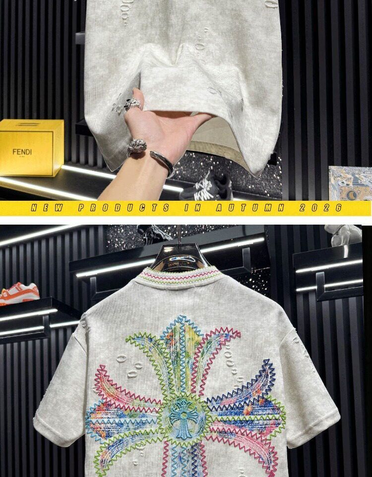 『M-4XL』新作 夏物 刺繍入り ダメージ加工 半袖メンズTシャツ