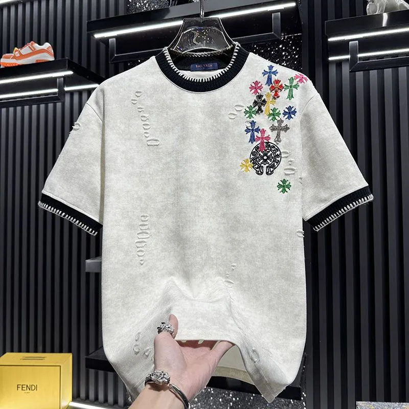 『M-3XL』新作 夏物 刺繍入り ダメージ加工 半袖メンズTシャツ
