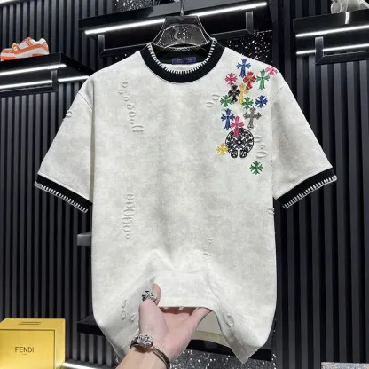 『M-3XL』新作 夏物 刺繍入り ダメージ加工 半袖メンズTシャツ