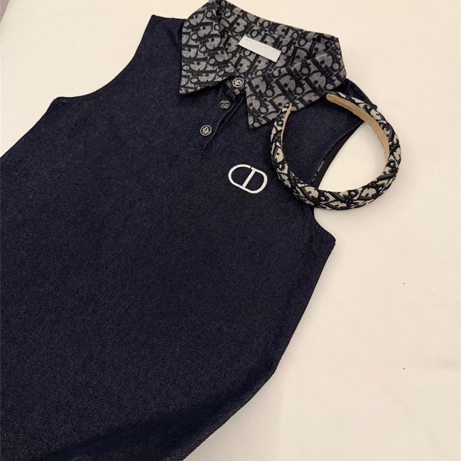 『S-L』新作サマー刺繍入りポロカラーデニムワンピース（ヘッドバンド付き）