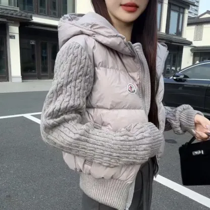 『フリー』NO.1人気 質感のいい フード付き 切り替え ニット生地 3カラー ダウンアウター
