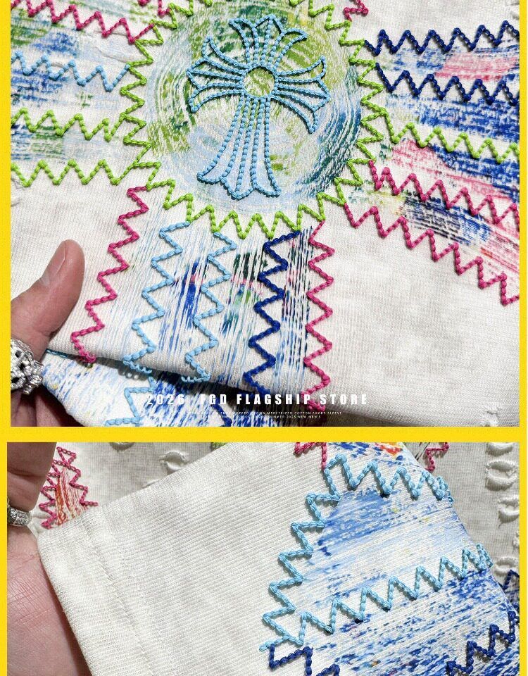 『M-4XL』新作 夏物 刺繍入り ダメージ加工 半袖メンズTシャツ