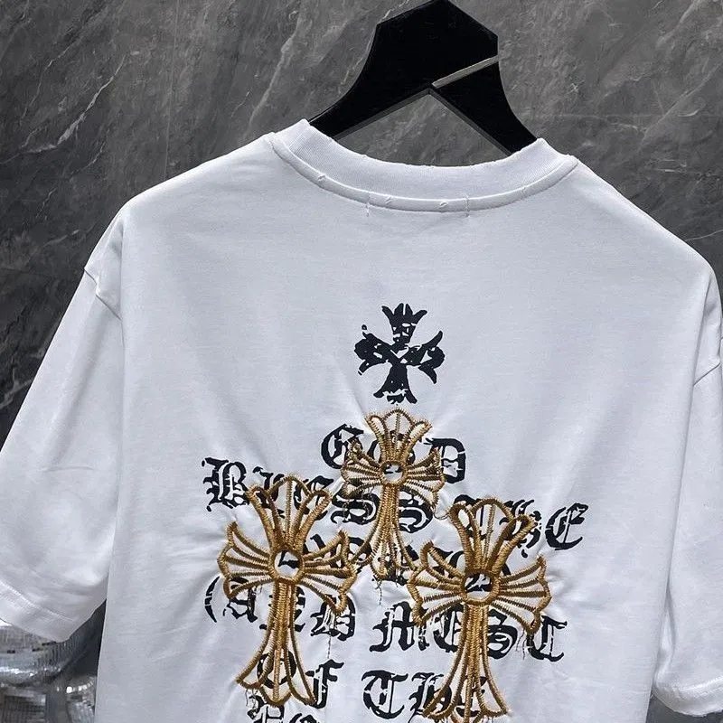 『S-XL』トレンディな刺繍プリント入りピュアコットン半袖メンズTシャツ