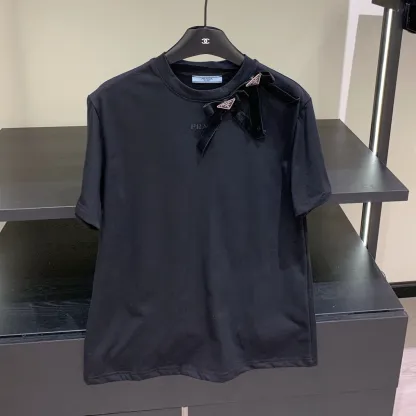 『S-L』春夏人気商品 ベルベットリボン付き半袖クルーネックTシャツ