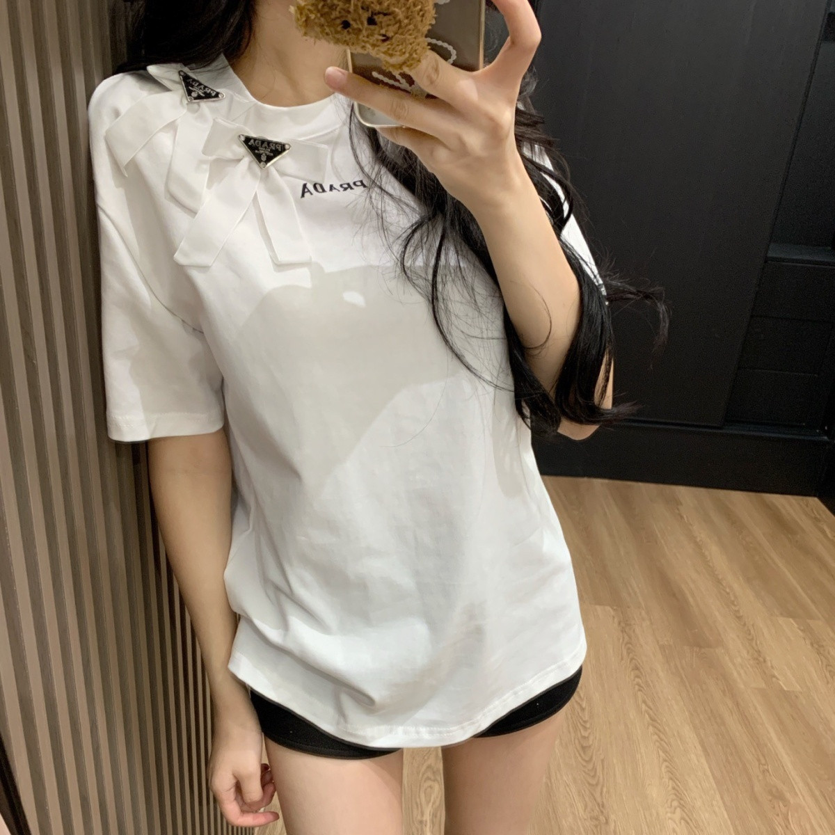 『S-L』春夏人気商品 ベルベットリボン付き半袖クルーネックTシャツ