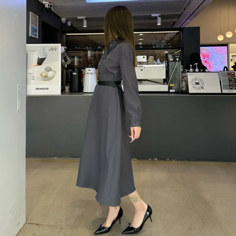 『S-L』超人気商品 大注目 着瘦せ エレガント ベルト付き 折り襟 ワンピース