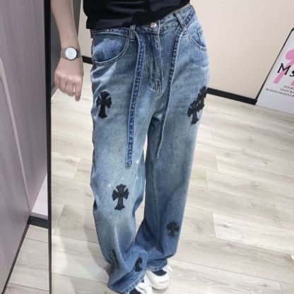 『S-XL』レトロなラインストーン刺繍入りワイドレッグジーンズ（レディース）、ゆったりとしたフィット感、着回しの効くストレートレッグ、ハイウエスト