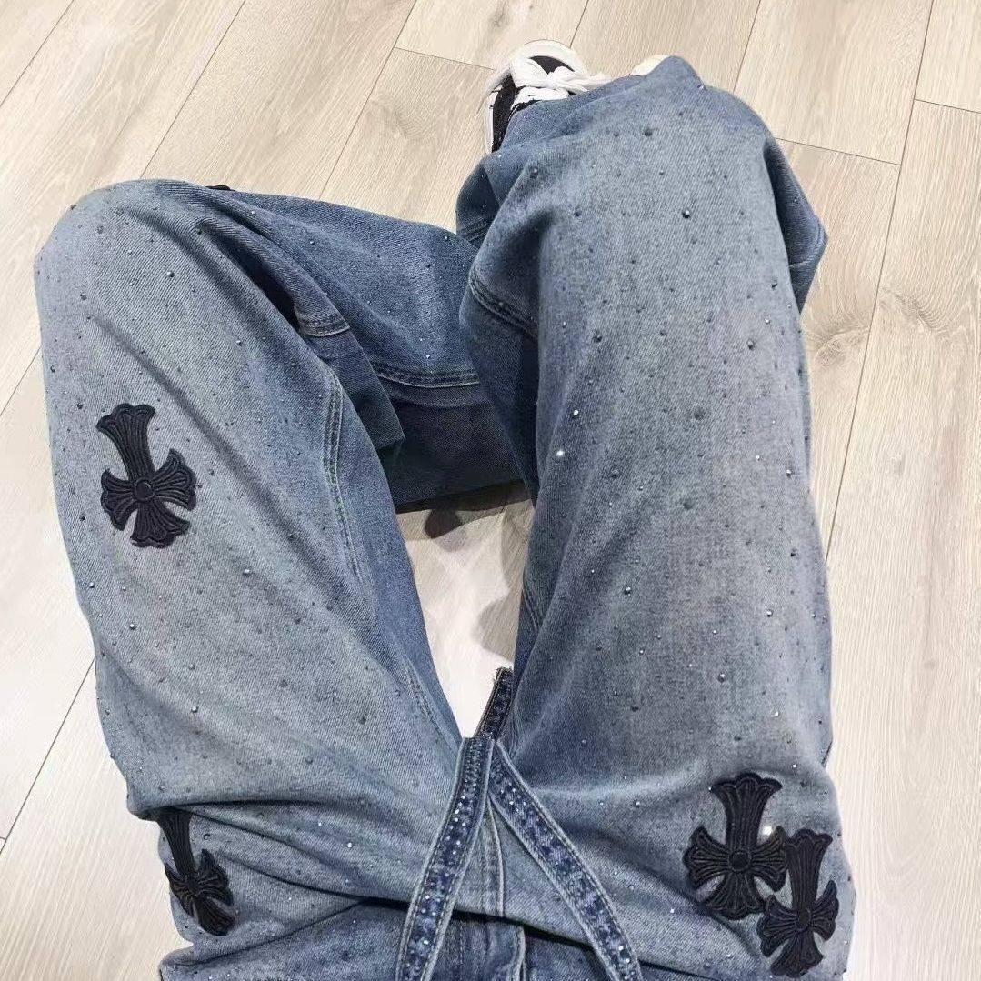 『S-XL』レトロなラインストーン刺繍入りワイドレッグジーンズ（レディース）、ゆったりとしたフィット感、着回しの効くストレートレッグ、ハイウエスト