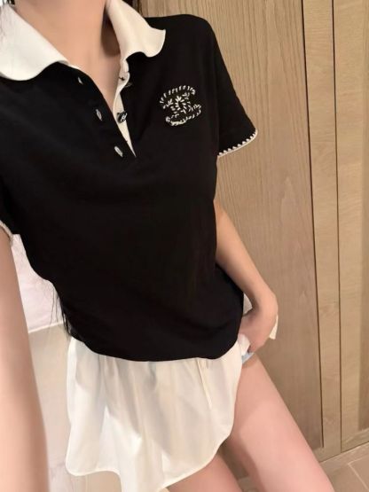 新作サマー刺繍入り襟付き半袖Tシャツとハイウエストふんわりミニスカート（レディース）