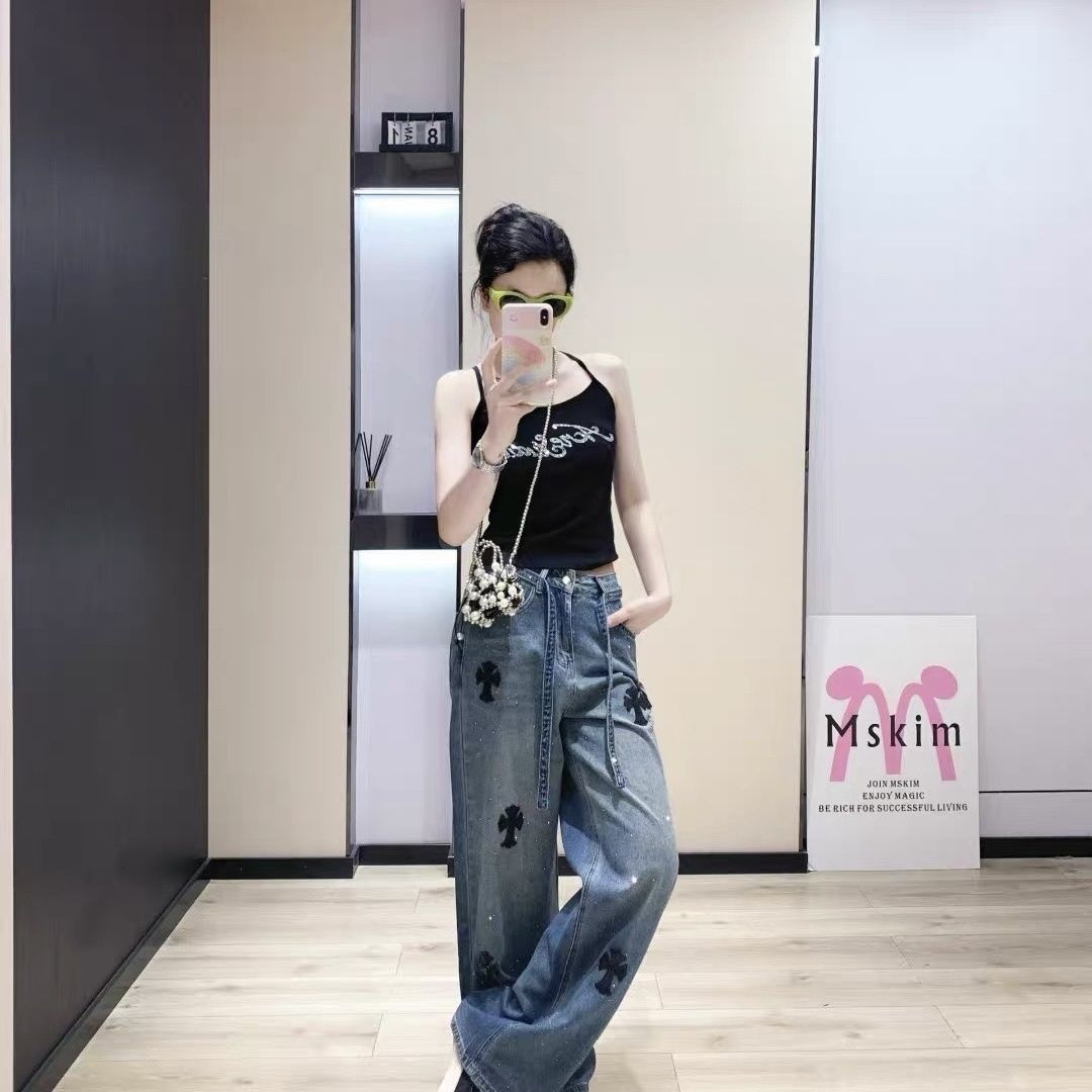 『S-XL』レトロなラインストーン刺繍入りワイドレッグジーンズ（レディース）、ゆったりとしたフィット感、着回しの効くストレートレッグ、ハイウエスト