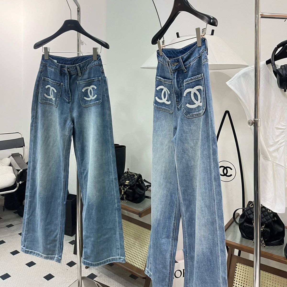 春らしい刺繍入りの丈夫なストレートレッグハイウエストワイドレッグジーンズ、万能デニムパンツ