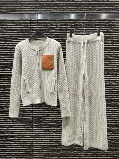 おしゃれな新作ニット秋冬ラウンドネックコートとワイドレッグパンツのツーピースセット