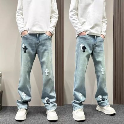『M-3XL』流行のブルーストレートレッグカジュアルジーンズ
