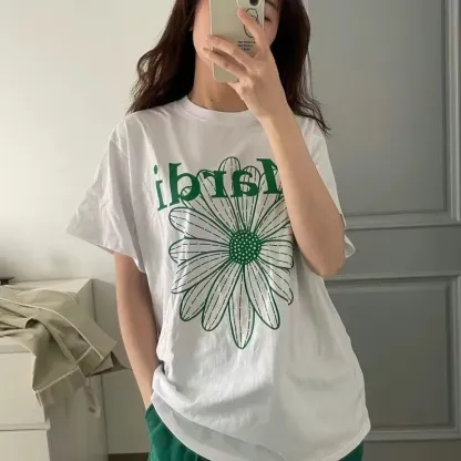 魅力的 ファッション 可愛い アルファベット プリント 花模様 着瘦せ 快適 ゆったり トップス Ｔシャツ