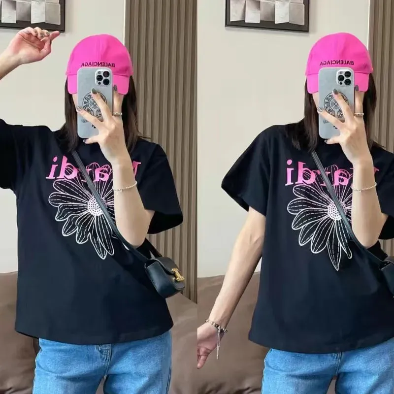 魅力的 ファッション 可愛い アルファベット プリント 花模様 着瘦せ 快適 ゆったり トップス Ｔシャツ