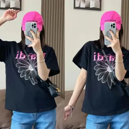 魅力的 ファッション 可愛い アルファベット プリント 花模様 着瘦せ 快適 ゆったり トップス Ｔシャツ