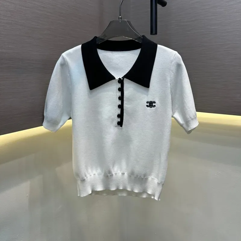 『フリーサイズ』憧れ 激売れ中 美人度アップ フェミニン 折り襟 ニット 半袖 Ｔシャツ