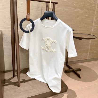 『S-L』夏用ビーズ付きラウンドネックゆったり半袖若返りカジュアルTシャツトップス