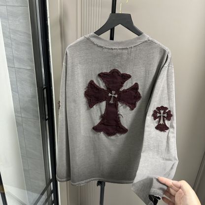 新しいファッションスタイルのダメージ加工のメンズとレディースの長袖の高級刺繍Tシャツトップス