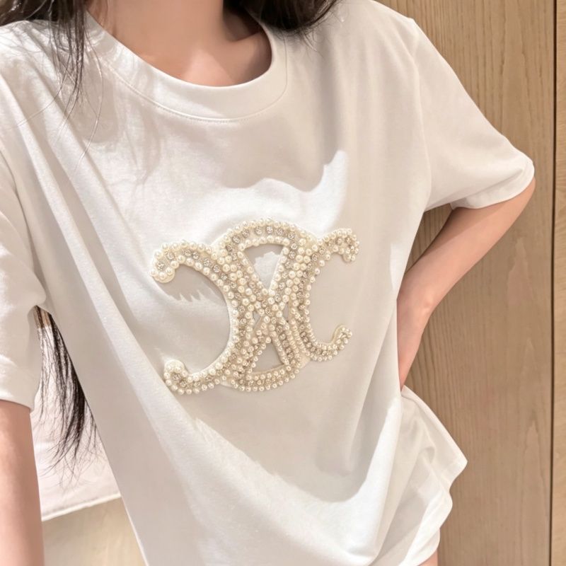 『S-L』夏用ビーズ付きラウンドネックゆったり半袖若返りカジュアルTシャツトップス