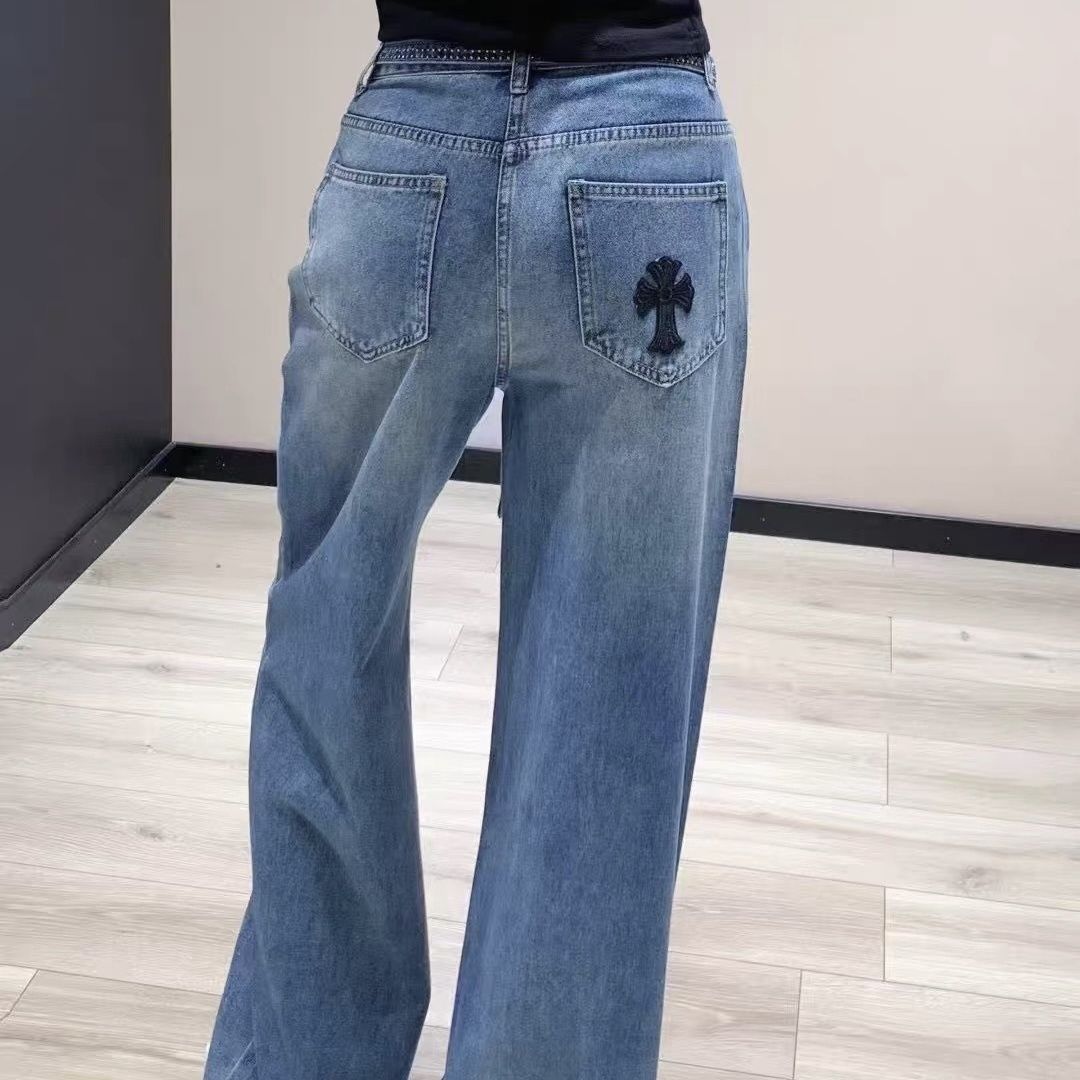 『S-XL』レトロなラインストーン刺繍入りワイドレッグジーンズ（レディース）、ゆったりとしたフィット感、着回しの効くストレートレッグ、ハイウエスト