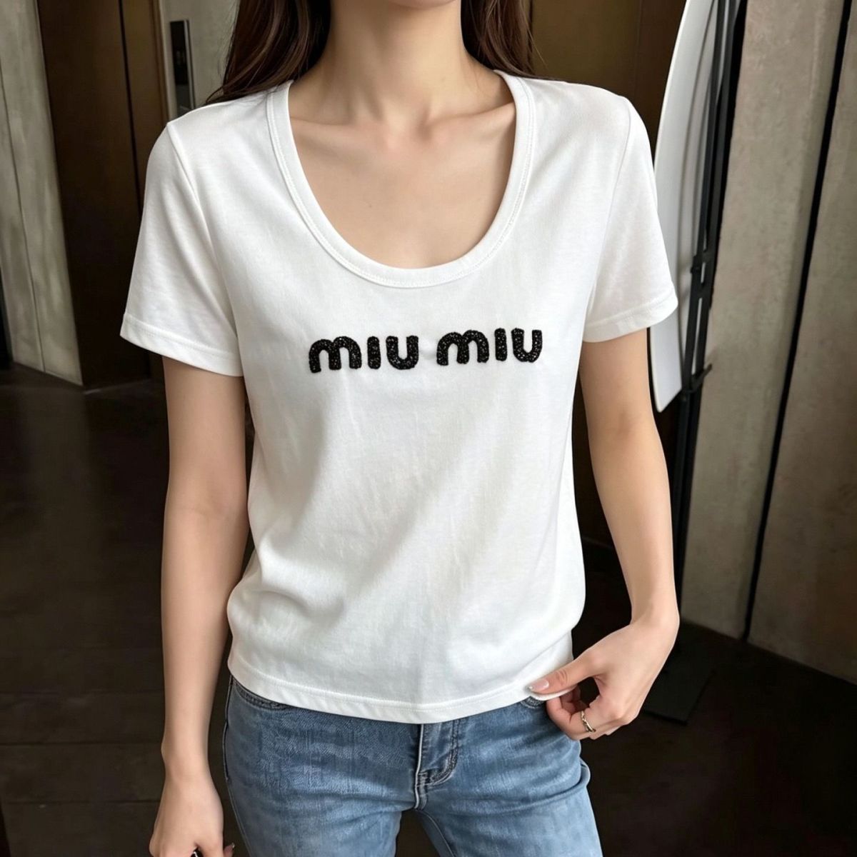 夏用ラウンドネックゆったり万能レター半袖Tシャツ（レディース）