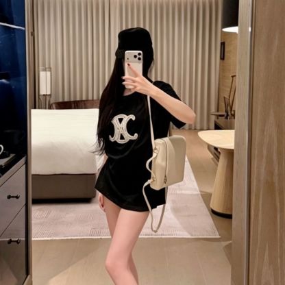 『S-L』夏用ビーズ付きラウンドネックゆったり半袖若返りカジュアルTシャツトップス