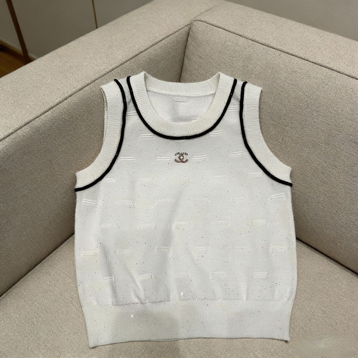 『S-XL』シャネル風サマーニットウェア、ノースリーブベスト、フィットトップス