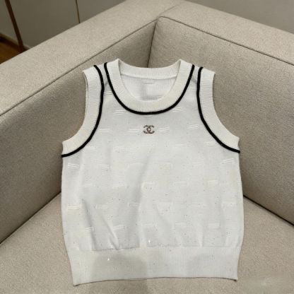 『S-XL』シャネル風サマーニットウェア、ノースリーブベスト、フィットトップス