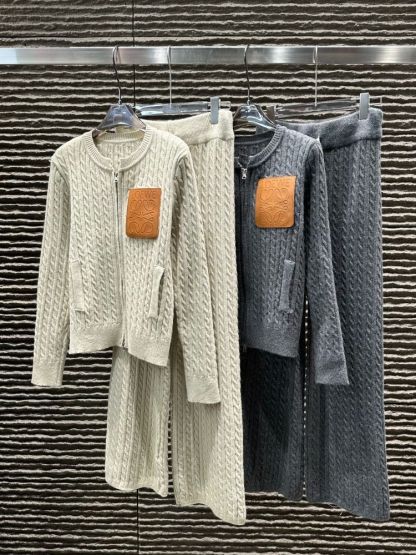 おしゃれな新作ニット秋冬ラウンドネックコートとワイドレッグパンツのツーピースセット