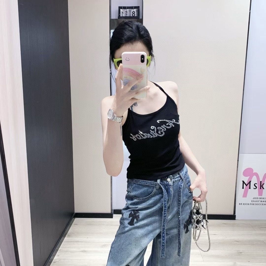 『S-XL』レトロなラインストーン刺繍入りワイドレッグジーンズ（レディース）、ゆったりとしたフィット感、着回しの効くストレートレッグ、ハイウエスト