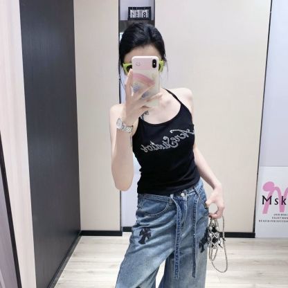 『S-XL』レトロなラインストーン刺繍入りワイドレッグジーンズ（レディース）、ゆったりとしたフィット感、着回しの効くストレートレッグ、ハイウエスト