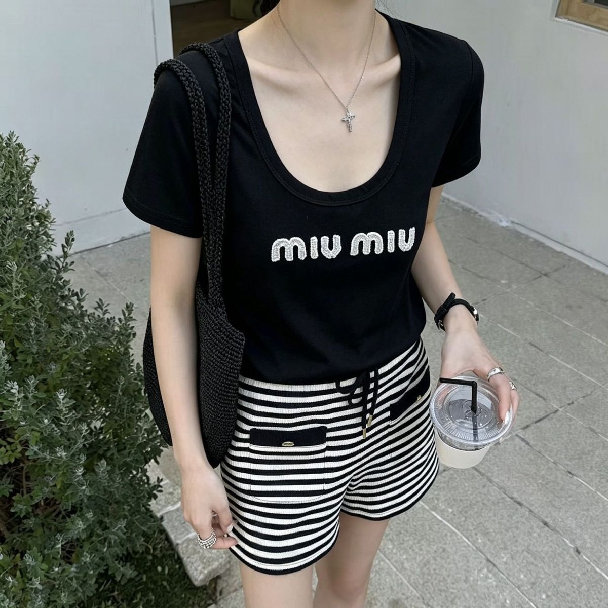 夏用ラウンドネックゆったり万能レター半袖Tシャツ（レディース）
