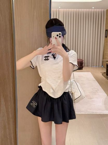 新作サマー刺繍入り襟付き半袖Tシャツとハイウエストふんわりミニスカート（レディース）