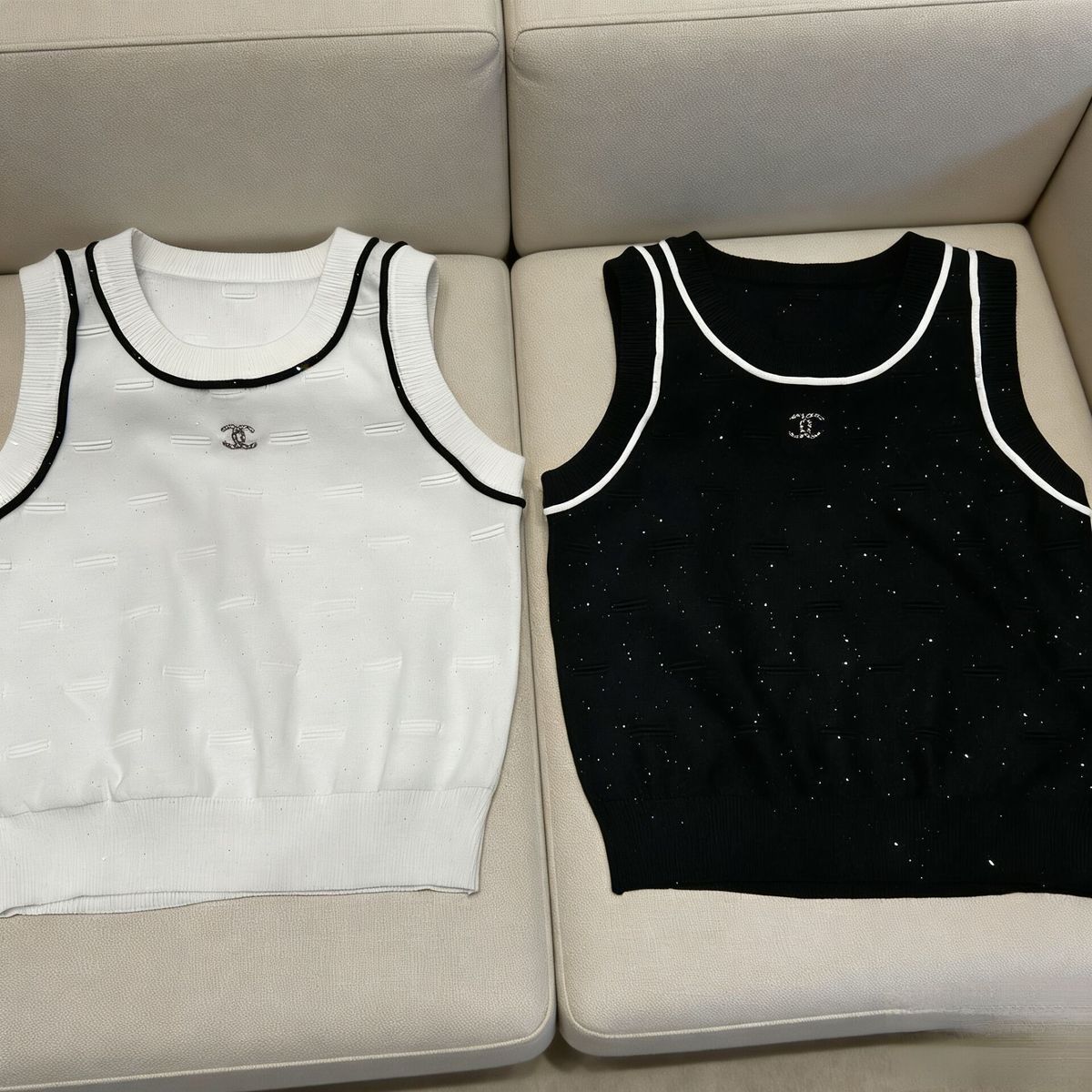 『S-XL』シャネル風サマーニットウェア、ノースリーブベスト、フィットトップス