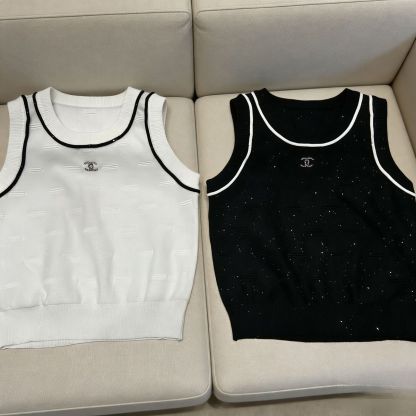 『S-XL』シャネル風サマーニットウェア、ノースリーブベスト、フィットトップス