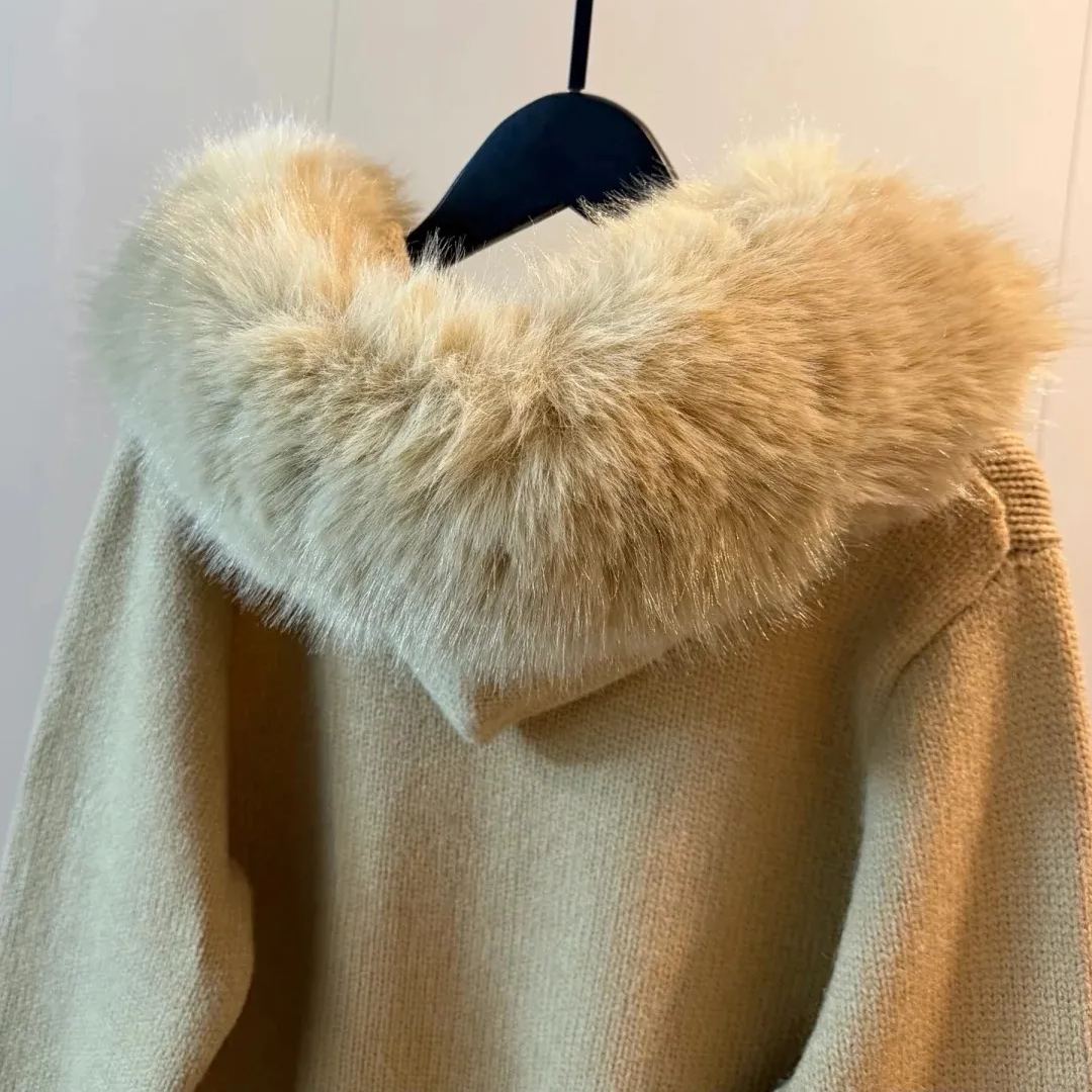 秋冬用ファーカラーカーディガンコート（フード付き、暖かいトップス付き）