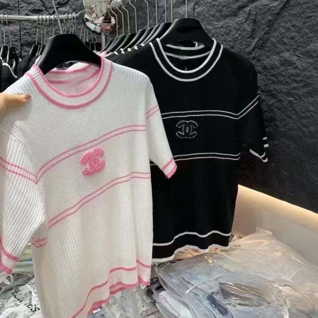 『S-XL』刺繍入りニットTシャツ、ラウンドネック、半袖、薄手でスタイリッシュなレディーストップス
