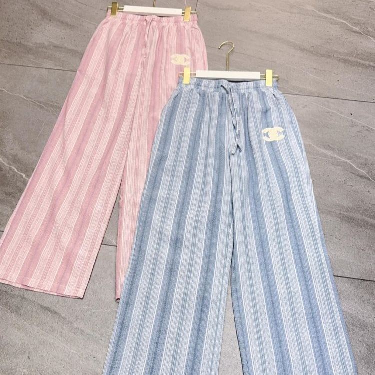 新作の夏物刺繍入り伸縮性ハイウエストパンツ、カジュアルなストレートレッグストライプパンツ（女性用）。