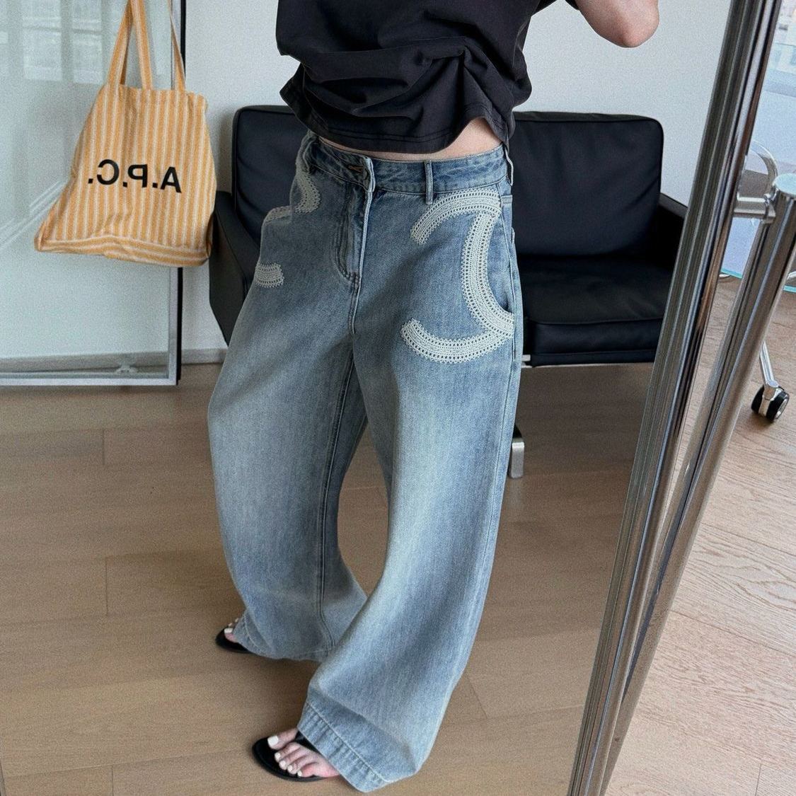 『S-XL』新作春夏刺繍入りデニムワイドレッグパンツ - スリムに見せ、着回し力抜群のロングパンツ
