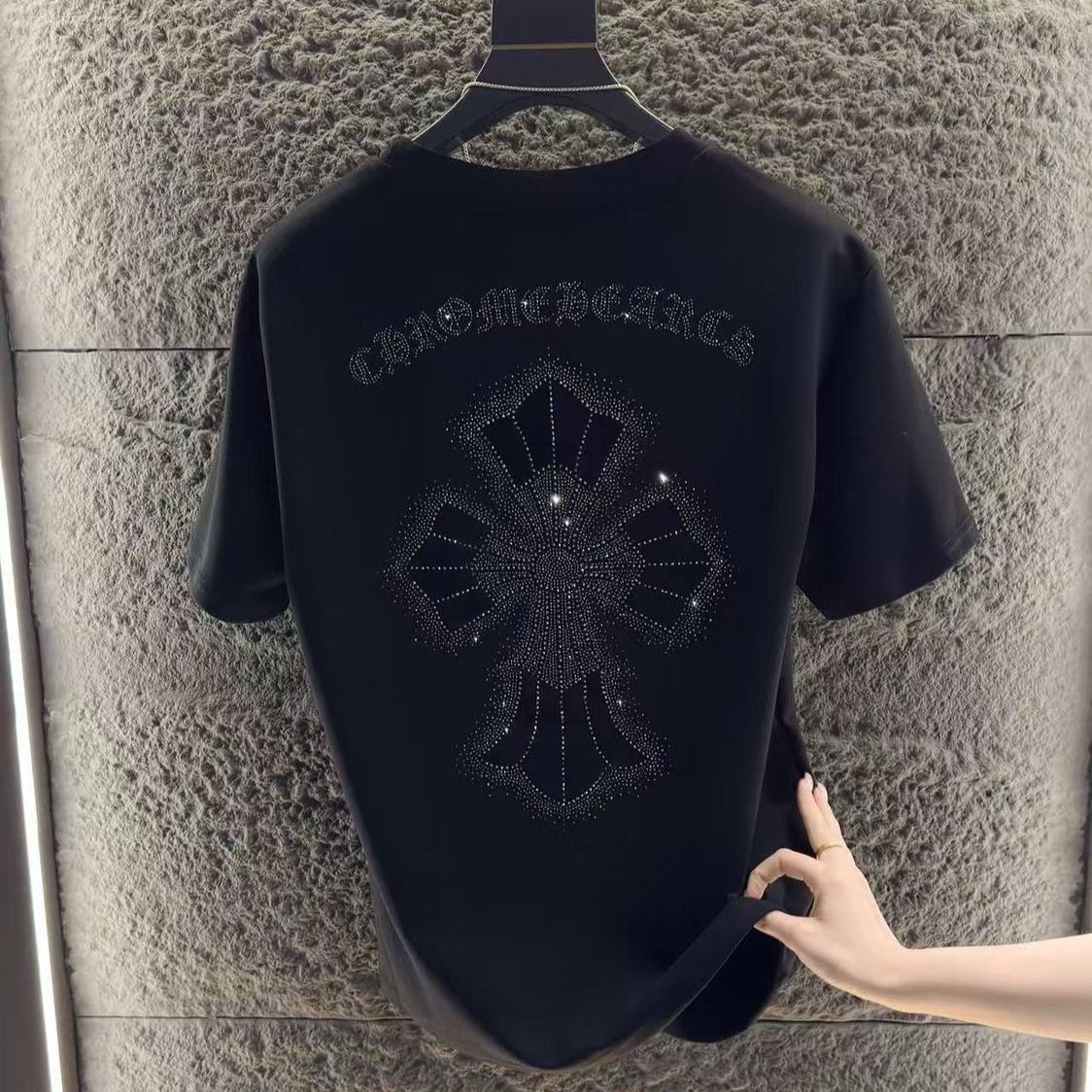 『L-5XL』夏のトレンド半袖トップス、ラインストーンTシャツ、カジュアルスタイル