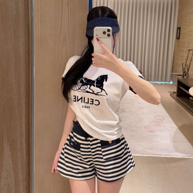 2026年新作　プリントカラーブロッククルーネック半袖Tシャツ＆伸縮性ハイウエストストレートストライプショーツ