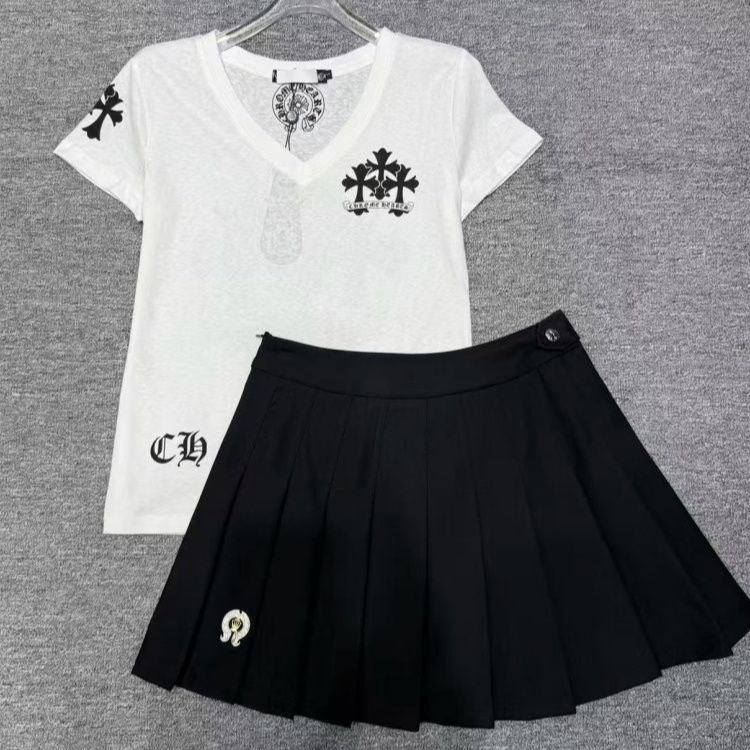 人気のストリートスタイルVネックプリント半袖Tシャツ＋スカートセット