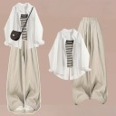 白色襯衫+杏色吊帶+淺咖色褲子（三件套）