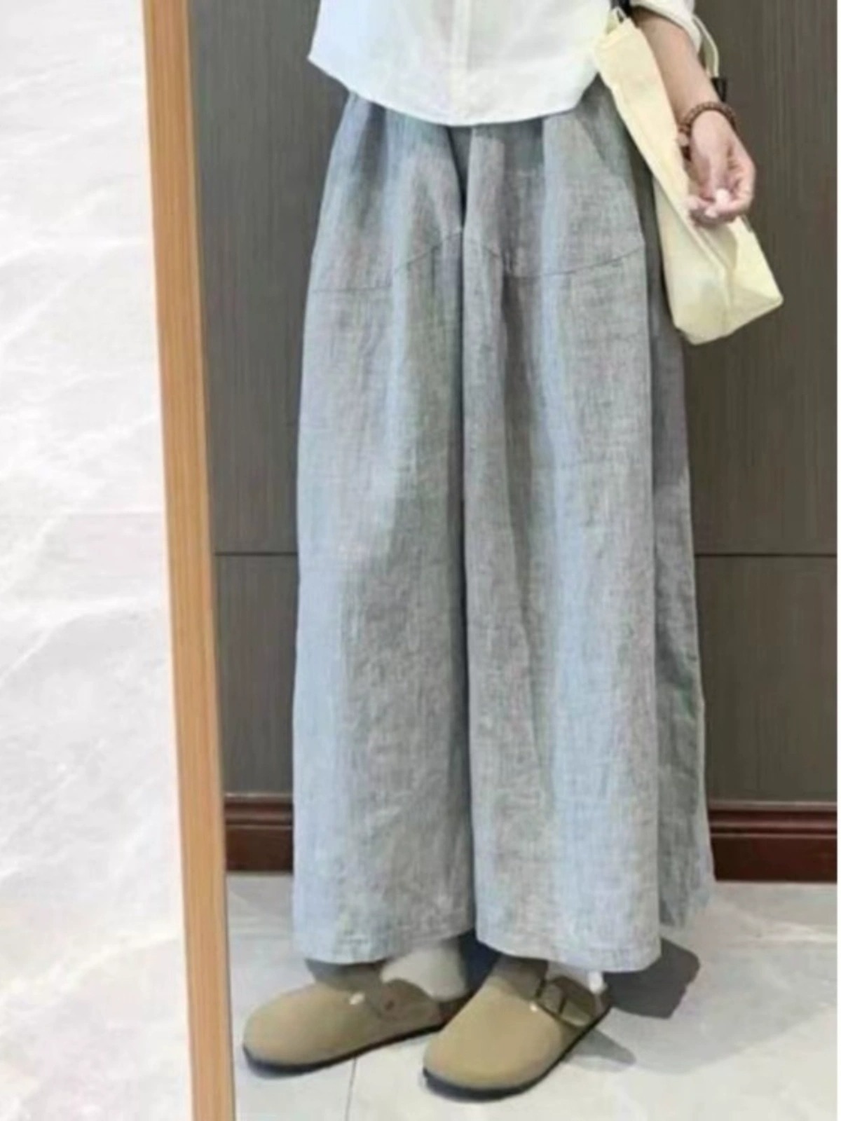 亞麻感高腰垂墜九分闊腿褲 休閒顯瘦寬鬆長褲